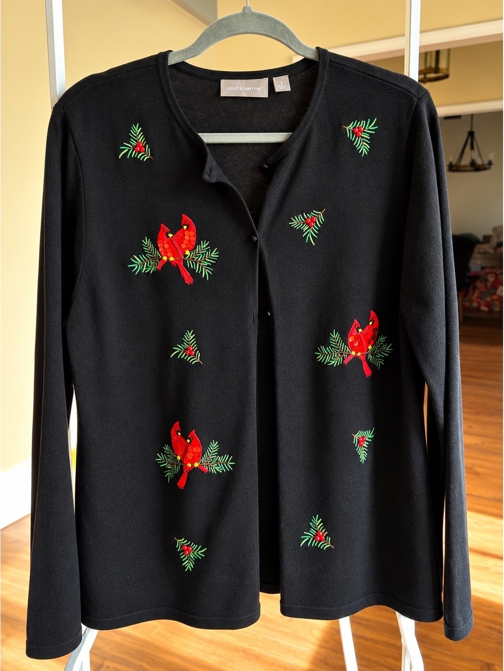 Christopher & Banks Black Cardigan with Cardinal Embroidery and Sequins